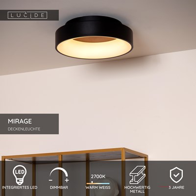 Lucide MIRAGE - Deckenleuchte - Ø 38 cm - LED Dim. - 1x22W 2700K - Schwarz